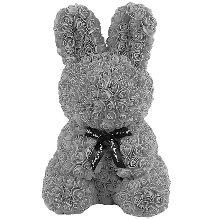 Iepuraș decorativ trandafiri spumă gri 45 cm cu fundă, cutie cadou, decor elegant