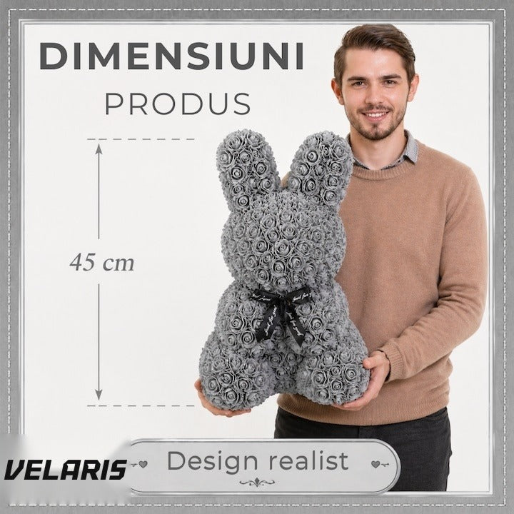 Iepuraș decorativ trandafiri spumă gri 45 cm cu fundă, cutie cadou, decor elegant