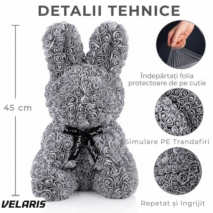 Iepuraș decorativ trandafiri spumă gri 45 cm cu fundă, cutie cadou, decor elegant