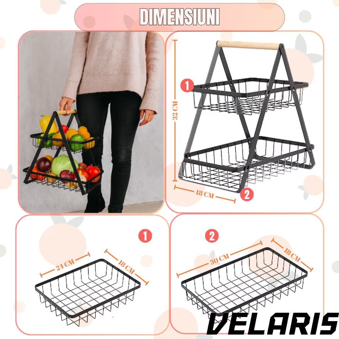 Coș decorativ pentru fructe, 2 niveluri, metal negru cu mâner din lemn, stabil și elegant