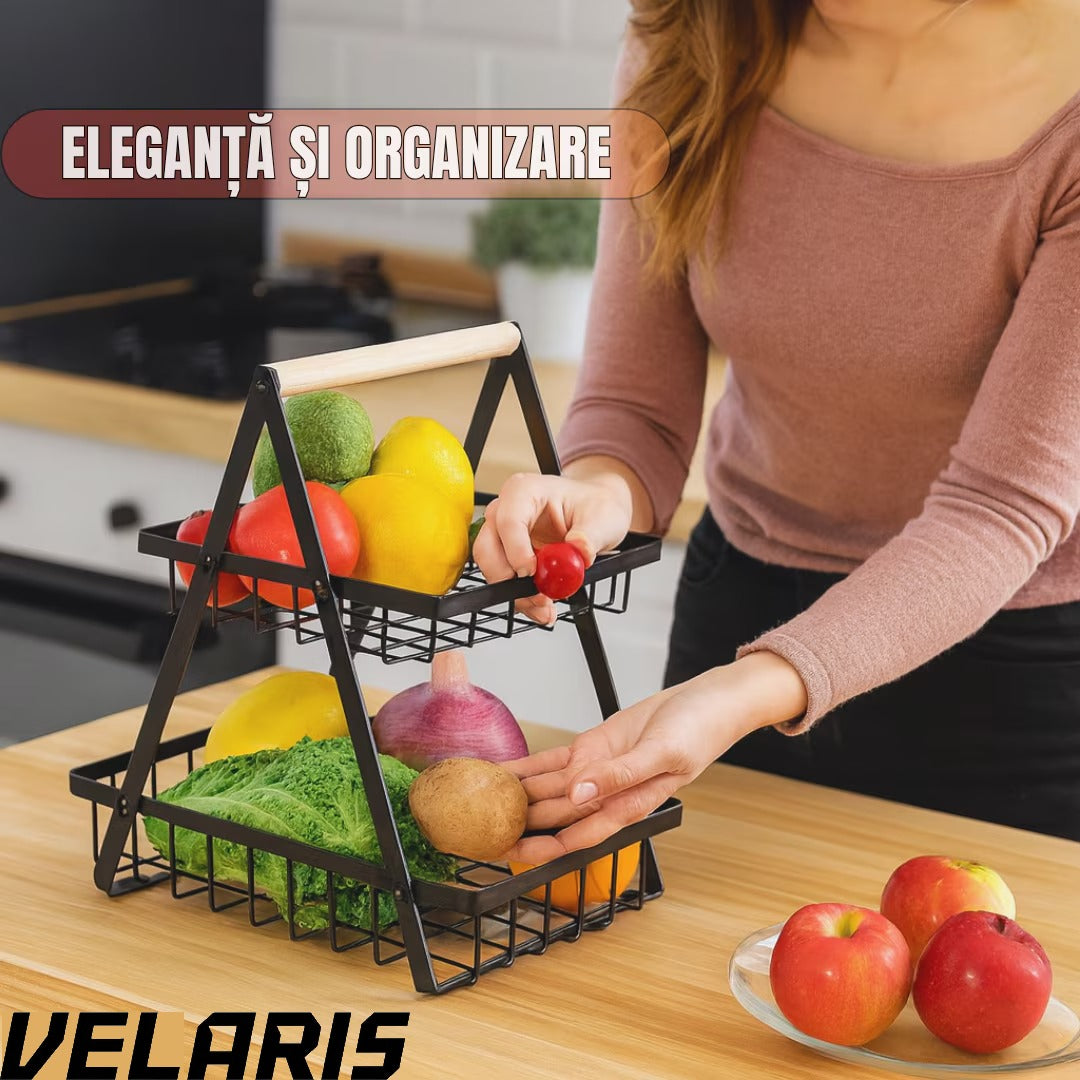 Coș decorativ pentru fructe, 2 niveluri, metal negru cu mâner din lemn, stabil și elegant