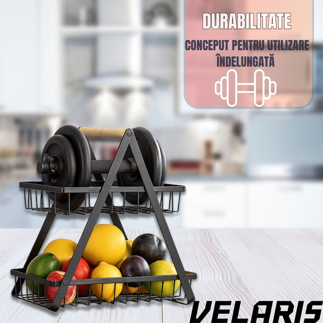 Coș decorativ pentru fructe, 2 niveluri, metal negru cu mâner din lemn, stabil și elegant