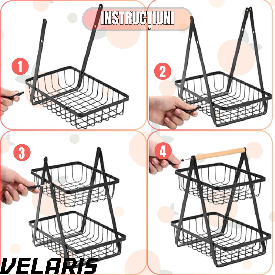 Coș decorativ pentru fructe, 2 niveluri, metal negru cu mâner din lemn, stabil și elegant