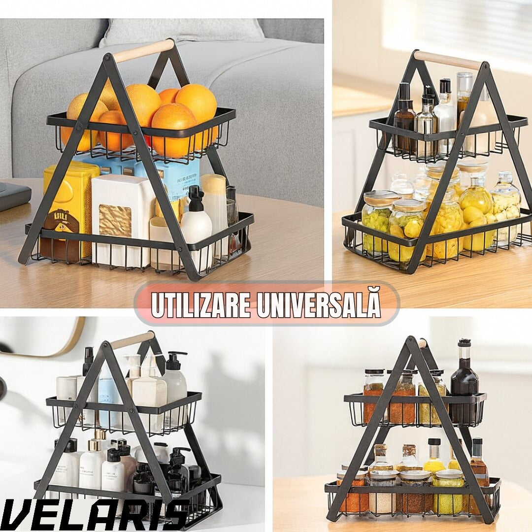 Coș decorativ pentru fructe, 2 niveluri, metal negru cu mâner din lemn, stabil și elegant