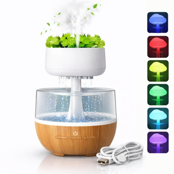 Umidificator decorativ cu efect ploaie, LED 7 culori, sunete relaxante, 0.3L