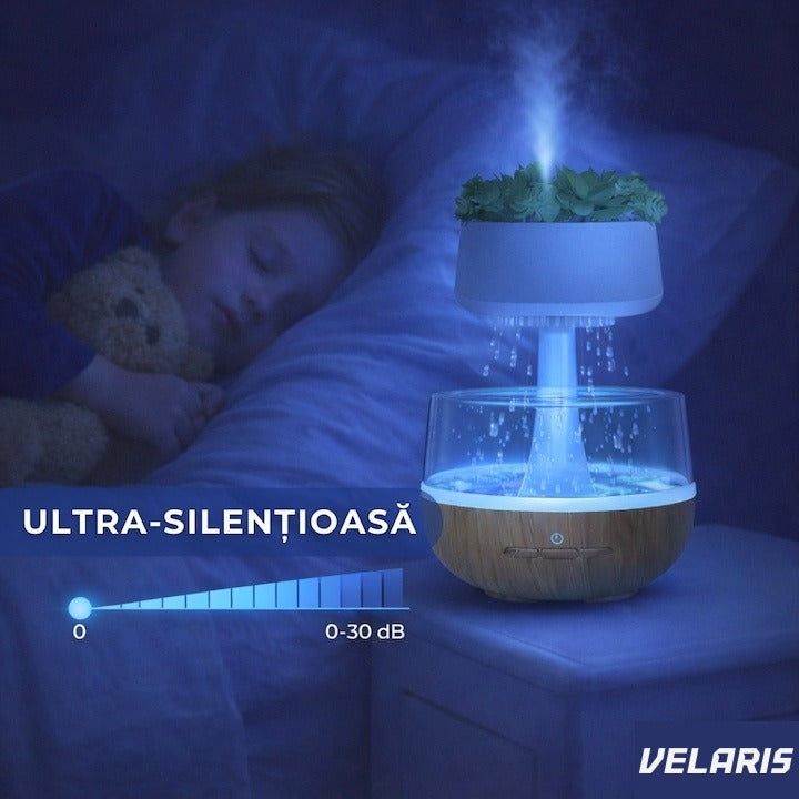 Umidificator decorativ cu efect ploaie, LED 7 culori, sunete relaxante, 0.3L