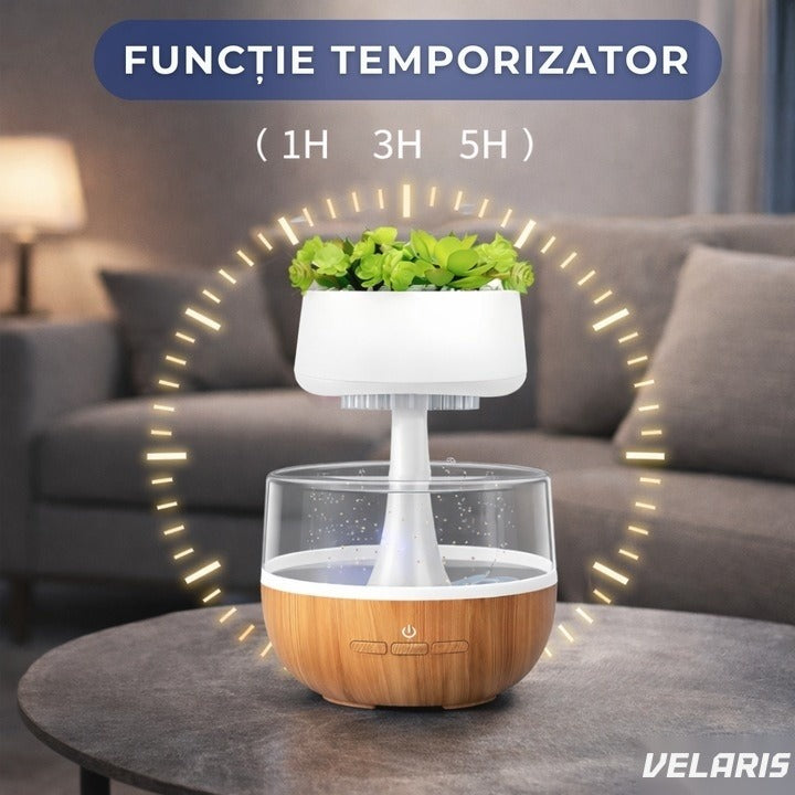 Umidificator decorativ cu efect ploaie, LED 7 culori, sunete relaxante, 0.3L