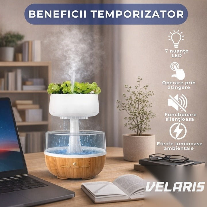 Umidificator decorativ cu efect ploaie, LED 7 culori, sunete relaxante, 0.3L