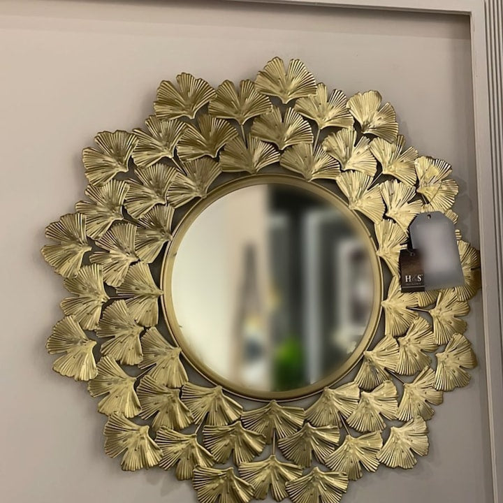 Oglindă decorativă cadru metal auriu 32 cm, model frunze elegant