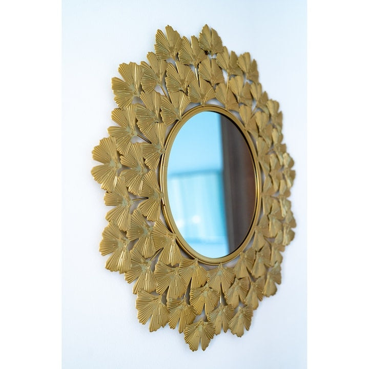 Oglindă decorativă cadru metal auriu 32 cm, model frunze elegant