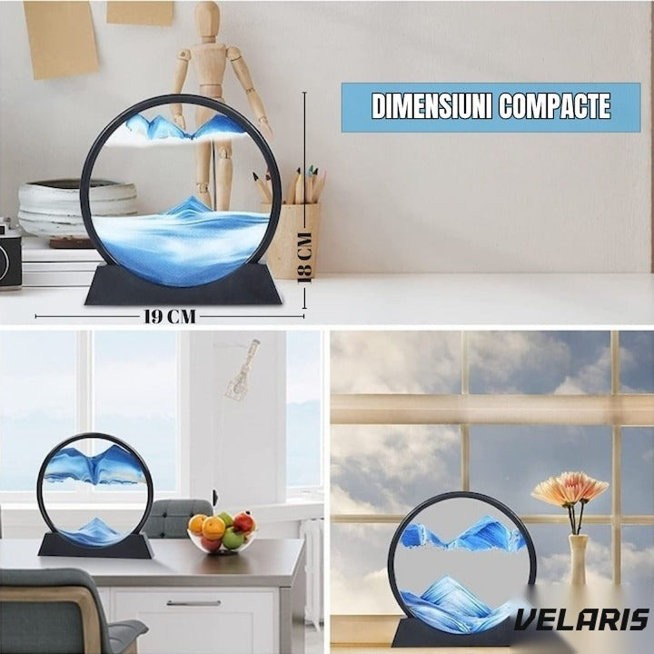 Obiect decorativ cu efect 3D de nisip, bază rotativă 360°, sticlă și plastic, 18x19 cm, albastru
