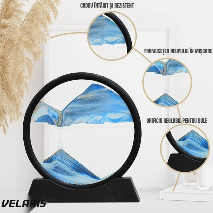 Obiect decorativ cu efect 3D de nisip, bază rotativă 360°, sticlă și plastic, 18x19 cm, albastru