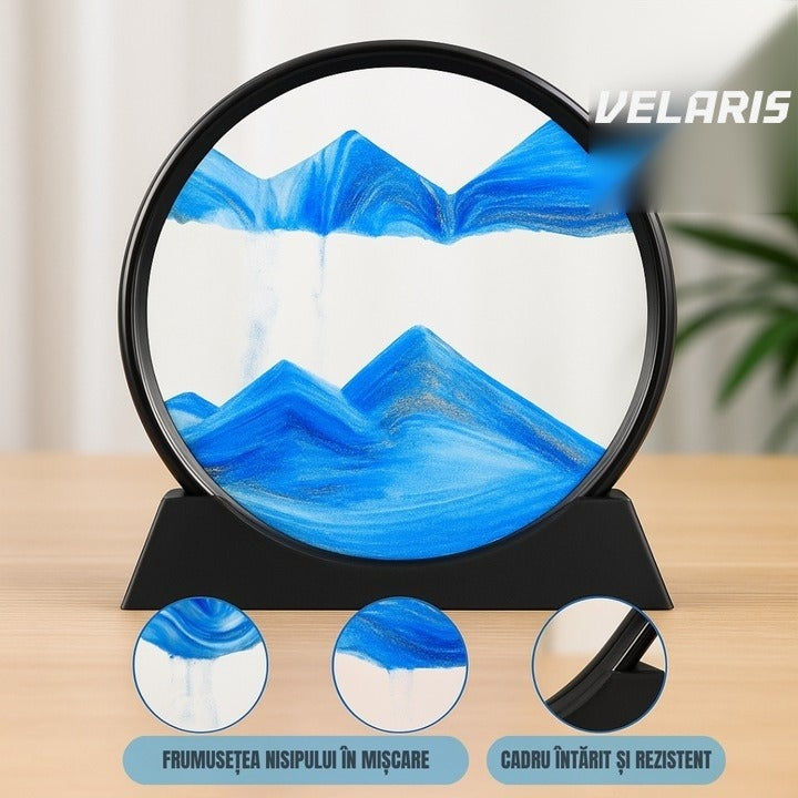 Obiect decorativ cu efect 3D de nisip, bază rotativă 360°, sticlă și plastic, 18x19 cm, albastru