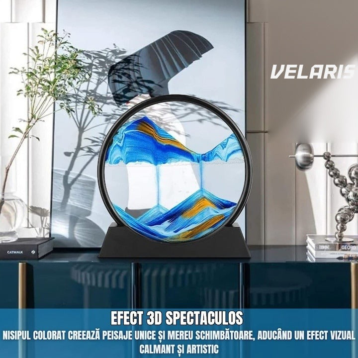 Obiect decorativ cu efect 3D de nisip, bază rotativă 360°, sticlă și plastic, 18x19 cm, albastru