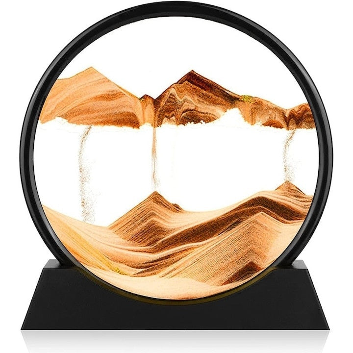 Decoratiune cu efect nisip 3D, baza rotativa 360°, sticla si nisip galben, 18x19 cm