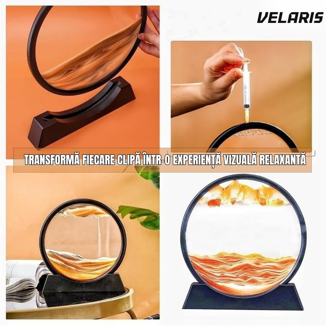 Decoratiune cu efect nisip 3D, baza rotativa 360°, sticla si nisip galben, 18x19 cm