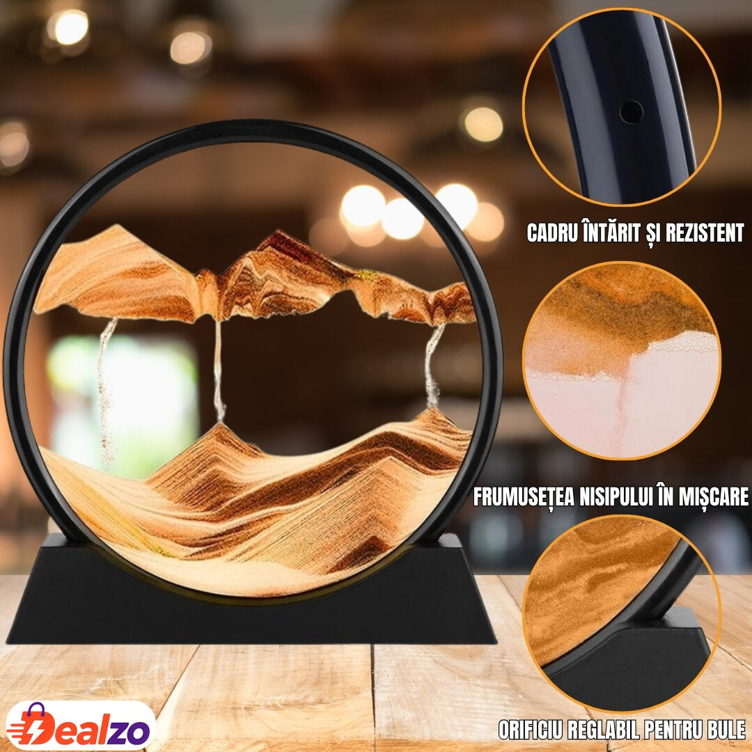 Decoratiune cu efect nisip 3D, baza rotativa 360°, sticla si nisip galben, 18x19 cm
