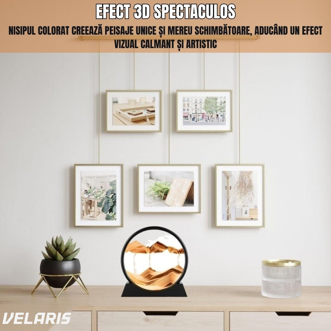 Decoratiune cu efect nisip 3D, baza rotativa 360°, sticla si nisip galben, 18x19 cm