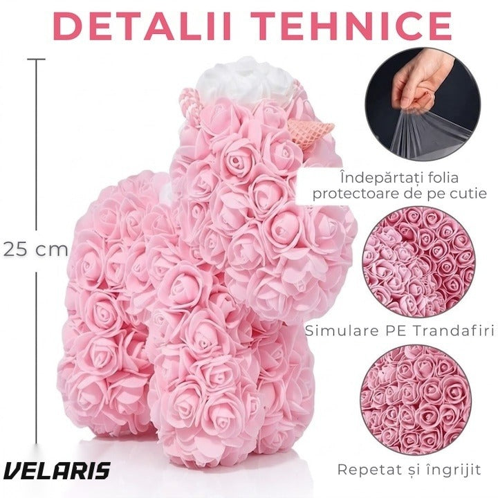 Unicorn decorativ din trandafiri roz, cadou elegant, spumă premium lucrat manual 25 cm, cutie inclusă