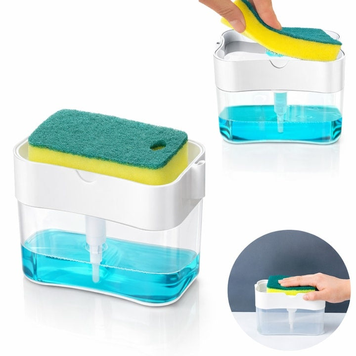 Dispenser detergent 380 ml cu suport burete, dozare la apăsare, economisire detergent