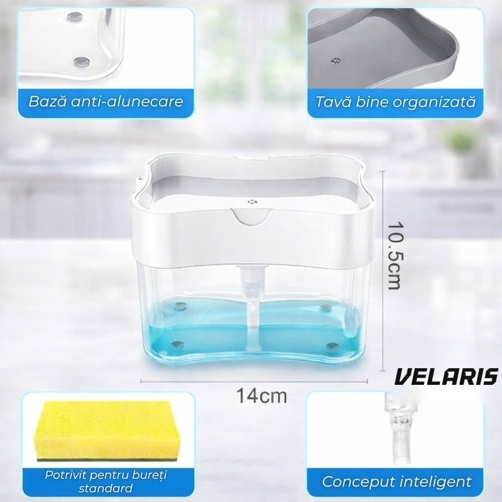 Dispenser detergent 380 ml cu suport burete, dozare la apăsare, economisire detergent
