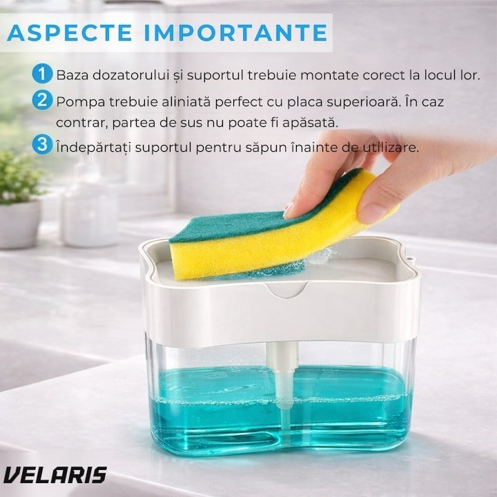 Dispenser detergent 380 ml cu suport burete, dozare la apăsare, economisire detergent