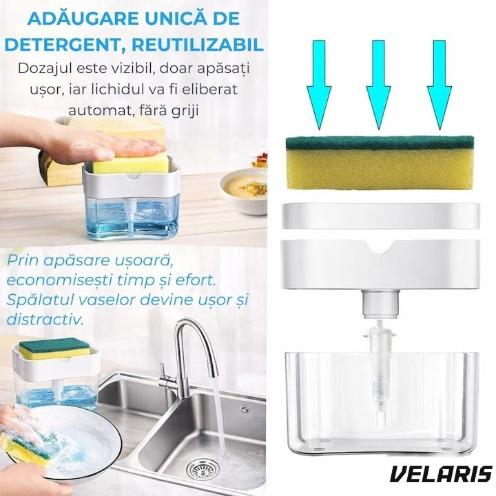 Dispenser detergent 380 ml cu suport burete, dozare la apăsare, economisire detergent