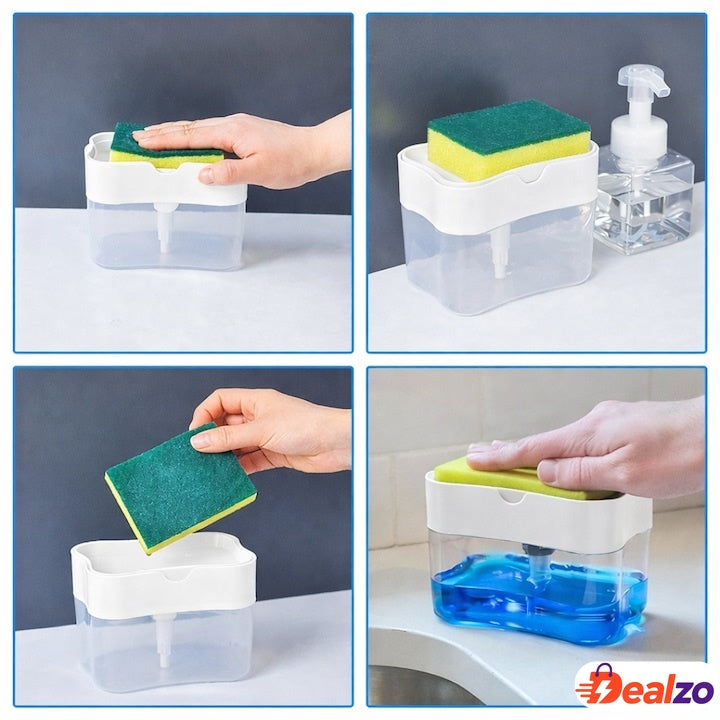 Dispenser detergent 380 ml cu suport burete, dozare la apăsare, economisire detergent