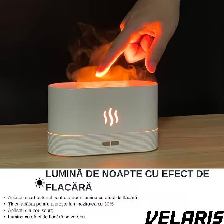 Difuzor Aromaterapie si Umidificator cu Efect de Flacara, Ultrasunete, Capacitate 180 ml, 10 Ore de Functionare, Alb