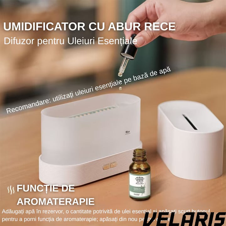 Difuzor Aromaterapie si Umidificator cu Efect de Flacara, Ultrasunete, Capacitate 180 ml, 10 Ore de Functionare, Alb