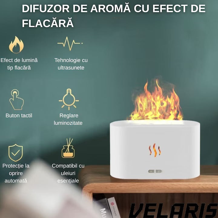 Difuzor Aromaterapie si Umidificator cu Efect de Flacara, Ultrasunete, Capacitate 180 ml, 10 Ore de Functionare, Alb