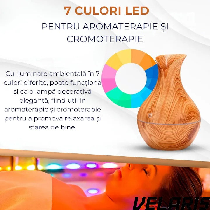 Difuzor Aromaterapie cu Umidificator, ultrasunete, forma de vaza, buton touch, bej, LED 7 culori, 130 ml