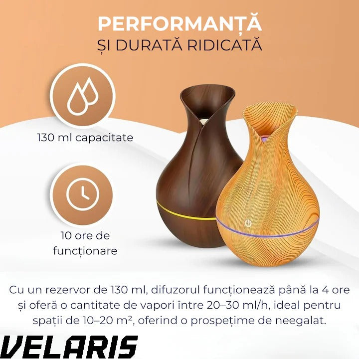 Difuzor Aromaterapie cu Umidificator, ultrasunete, forma de vaza, buton touch, bej, LED 7 culori, 130 ml