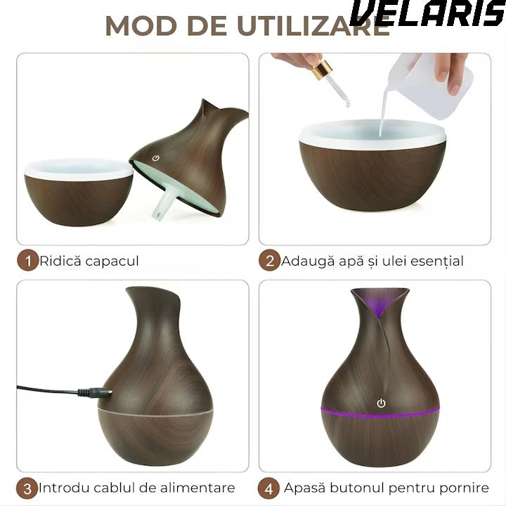 Difuzor Aromaterapie cu Umidificator, ultrasunete, forma de vaza, buton touch, maro, LED 7 culori, 130 ml