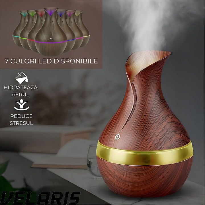 Difuzor Aromaterapie cu Umidificator, ultrasunete, forma de vaza, buton touch, maro, LED 7 culori, 130 ml