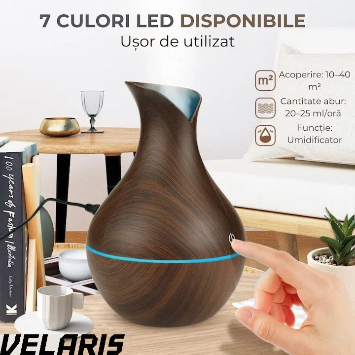 Difuzor Aromaterapie cu Umidificator, ultrasunete, forma de vaza, buton touch, maro, LED 7 culori, 130 ml