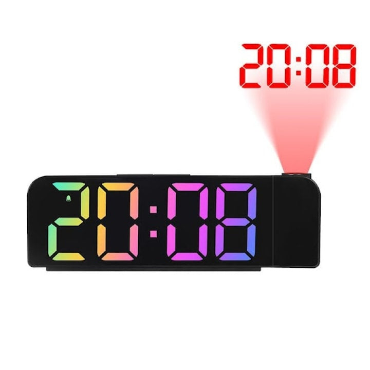 Ceas deșteptător digital LED, proiector pe perete/tavan, ecran multicolor, 12/24H, USB