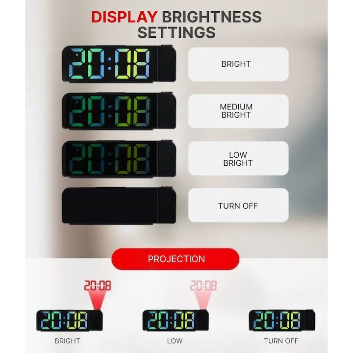 Ceas deșteptător digital LED, proiector pe perete/tavan, ecran multicolor, 12/24H, USB