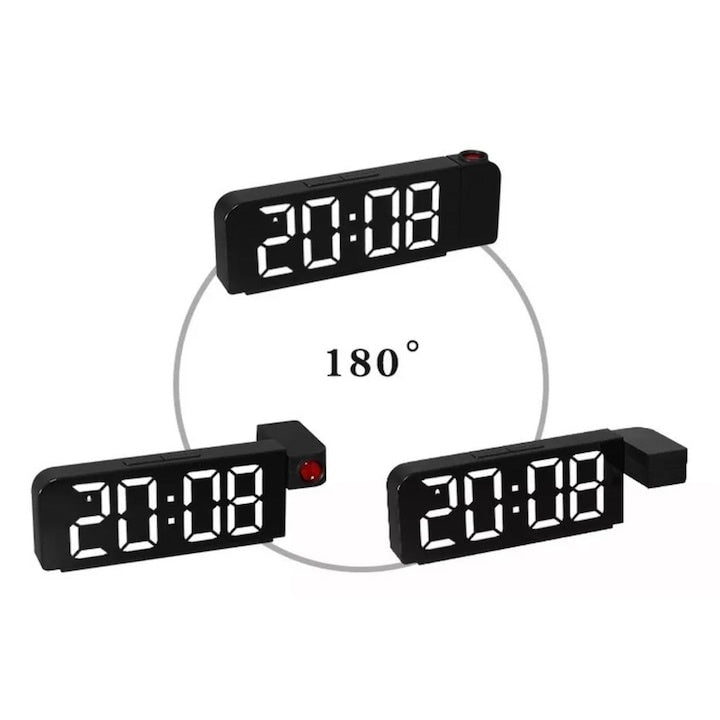 Ceas deșteptător digital LED, proiector pe perete/tavan, ecran multicolor, 12/24H, USB