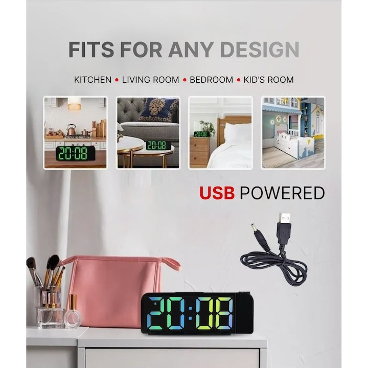 Ceas deșteptător digital LED, proiector pe perete/tavan, ecran multicolor, 12/24H, USB