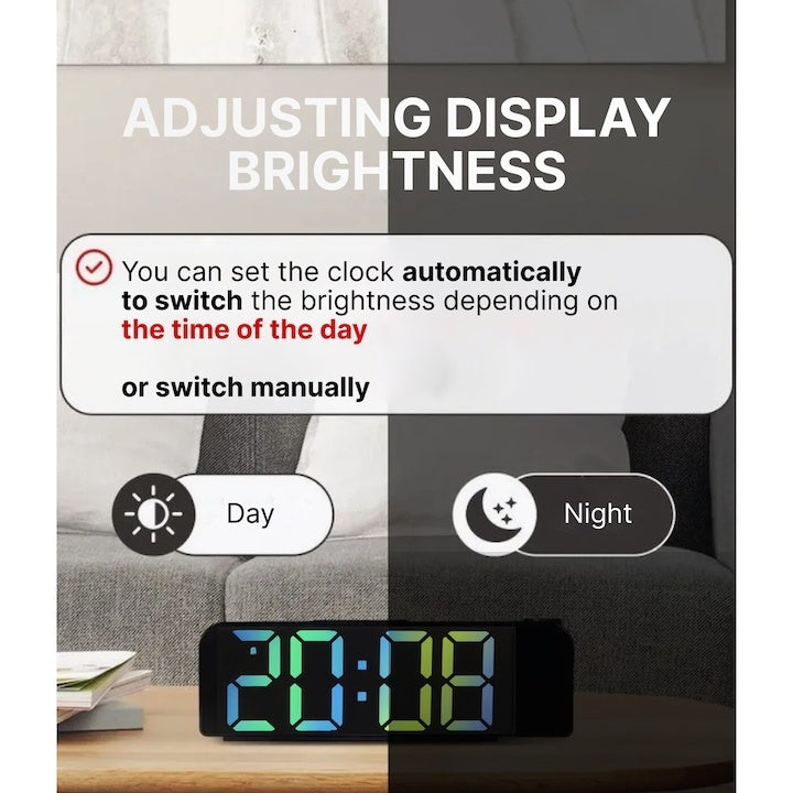 Ceas deșteptător digital LED, proiector pe perete/tavan, ecran multicolor, 12/24H, USB