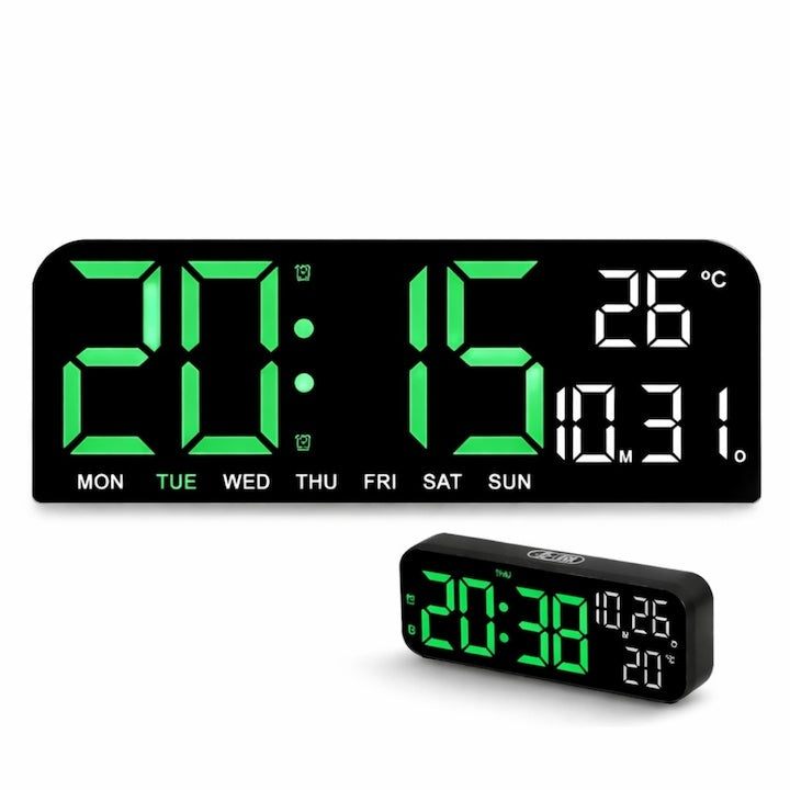 Ceas digital perete și birou 24 x 9 cm, afișaj verde LED, ceas alarmă, calendar, termometru
