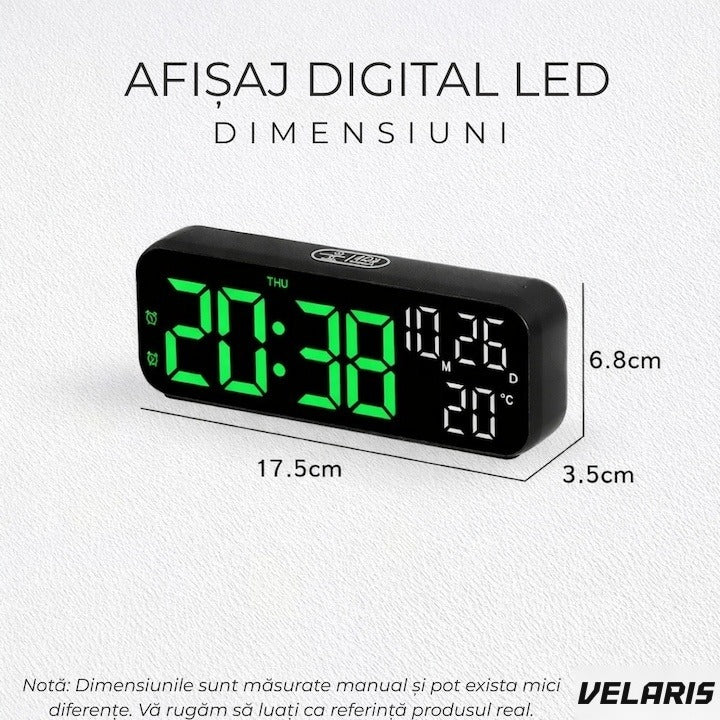 Ceas digital perete și birou 24 x 9 cm, afișaj verde LED, ceas alarmă, calendar, termometru