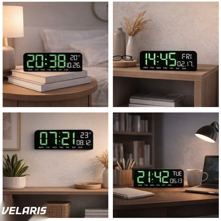 Ceas digital perete și birou 24 x 9 cm, afișaj verde LED, ceas alarmă, calendar, termometru