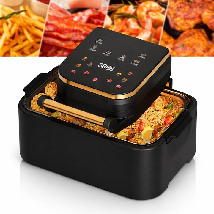 Friteuză aer cald 3 în 1 fără ulei 12 L 1700W, control tactil 11 programe, negru-auriu