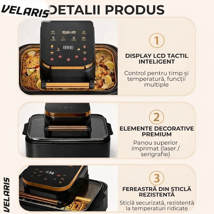 Friteuză aer cald 3 în 1 fără ulei 12 L 1700W, control tactil 11 programe, negru-auriu