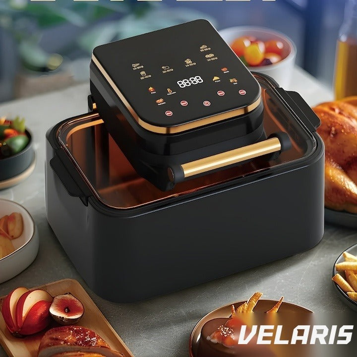 Friteuză aer cald 3 în 1 fără ulei 12 L 1700W, control tactil 11 programe, negru-auriu