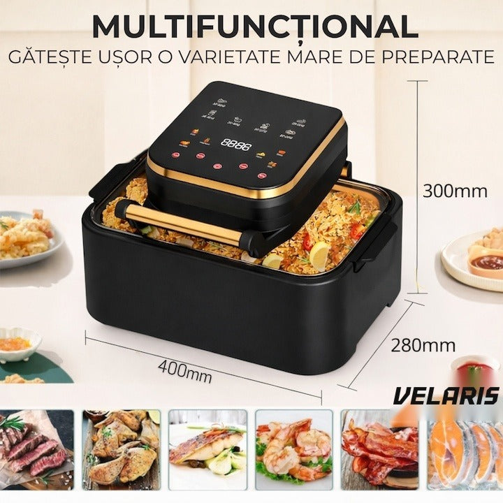 Friteuză aer cald 3 în 1 fără ulei 12 L 1700W, control tactil 11 programe, negru-auriu