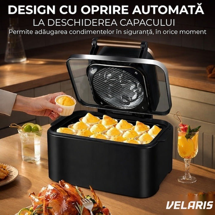 Friteuză aer cald 3 în 1 fără ulei 12 L 1700W, control tactil 11 programe, negru-auriu