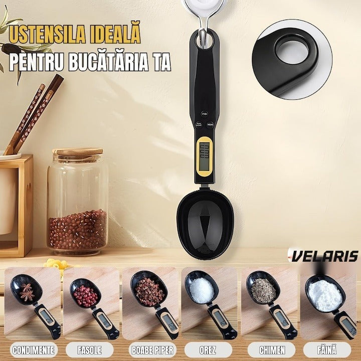 Lingură digitală de măsurat, capacitate 500 g, precizie 0,1 g, display LCD, ingrediente solide și lichide, neagră